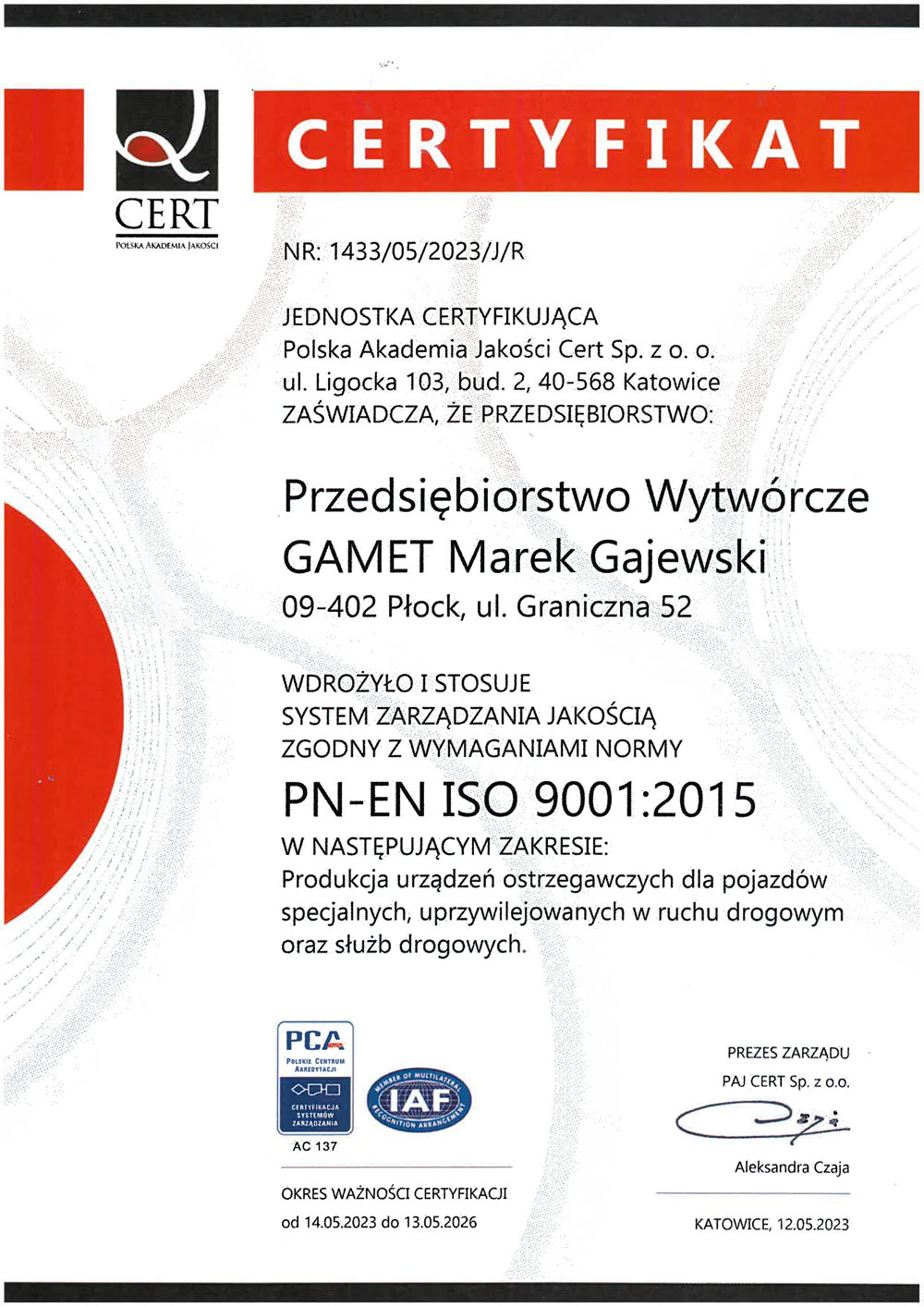 Certyfikat Jakości  PN-EN ISO 9001:2015